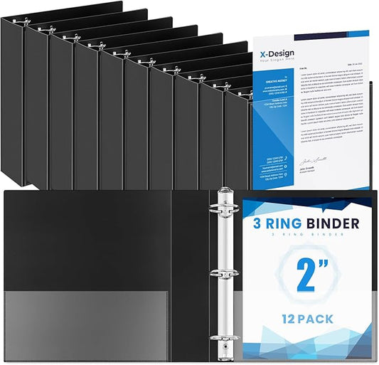 Henoyso 12 Pcs 3 Ring 2 Inch Binders Fits 8.5 x 11 Inch Letter Size Paper, Plastic Black Flexible Binders with View Cover and 2 Pockets, 375 Sheets Capacity for Office School