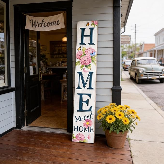 Home Sweet Home Welcome Sign for Front Porch, 47" Wood Framed Porch Sigh Spring Hydrangea Flower Decorations with Hanging Rope, Farmhouse Yard Signs Home Decor for Outdoor Patio Easter Gift