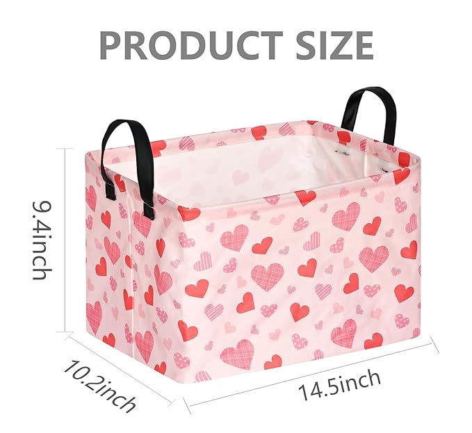 FUULOXE Rectangular Valentines Basket Storage Bin for Shelves Girls Gifts Baskets Foldable Box with Handles for Home Office Car Dormroom Valentine's Day Party Supplies