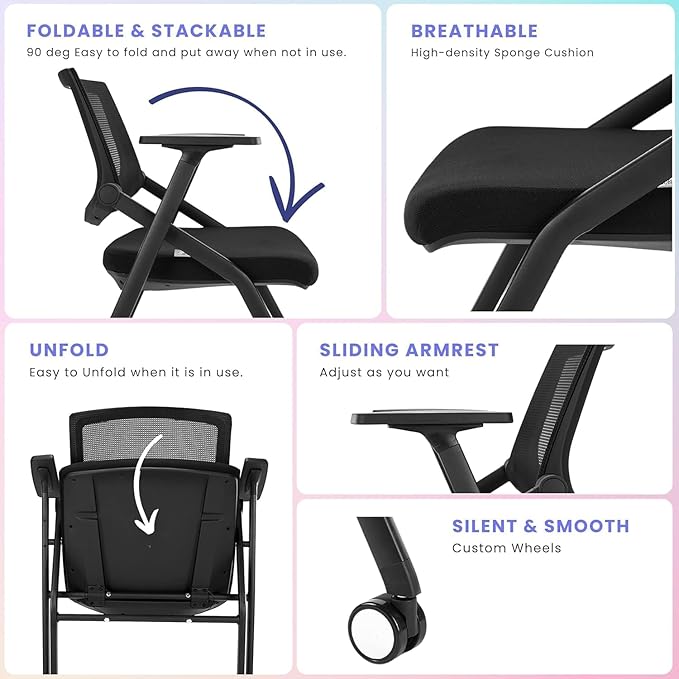 BROBRIYO Conference Room Chairs with Wheels and Paddle, Ergonomic Mesh Back and Arms for Meeting, Conference, Reception, Training Room & Home Office Desk Folding Chairs 8 Pack