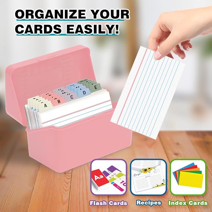 H4D 3x5 Index Card Holder with 100 Heavyweight Ruled Index Cards and 25 Plastic Dividers, Light Pink