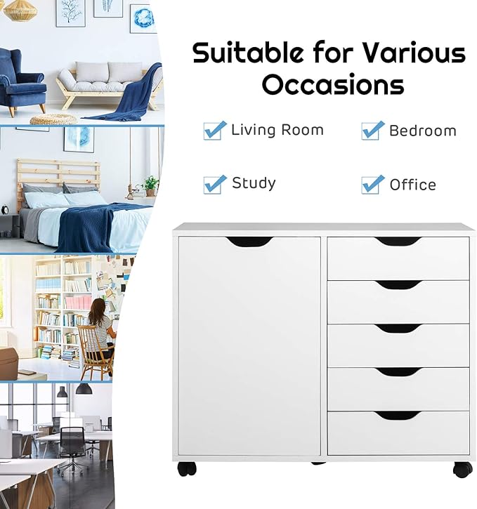 Giantex File Cabinet, Mobile Lateral Filing Cabinet with 5 Drawers &1 Door, Wheels, Rolling Storage Organizer for Home Office, Study Room (31”x 15.5” x 25.5”, White)