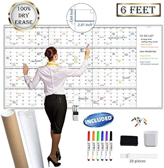 Large Reusable Dry Erase Yearly Wall Calendar - Jumbo Premium Laminated 12 month Task Organizer - 38"x72" Undated Annual Planner for Home, Office, School Projects