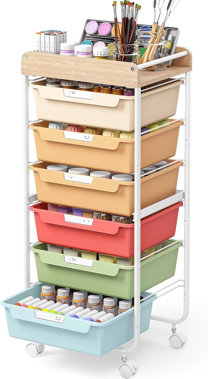 Rolling Storage Utility Cart With 6 Drawers,Art Supply Craft Organizer,Sewing Makeup Organizer And Storage,Office Organization Wooden Tabletop,Rainbow