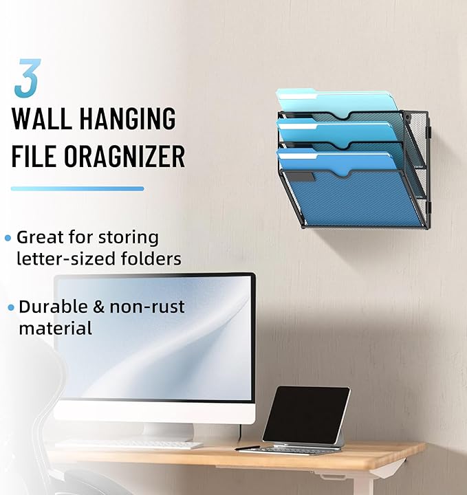 SUPEASY 3-Tier Wall File Holder Organizer with Hooks, Mesh Hanging File Organizer, Mail Organizer Wall Mounted for Papers, Folders, Office Magazine Rack, Black, 2Pack