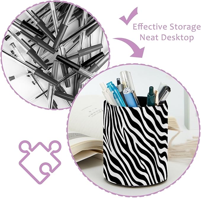 Leather Pen Holder for Desk Zebra Print Pencil Cup Desktop Organizer Makeup Brush Holders Office Supplies for Home, Kids & School