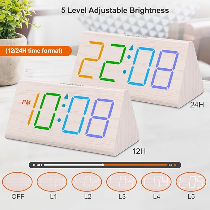 DreamSky Wooden Digital Alarm Clock for Bedroom - RGB Electric Desk Clock with Large Numbers, USB Port, Loud Alarm for Heavy Sleepers, Dimmer and Volume Control, Snooze, Wood Décor (Adapter Powered)