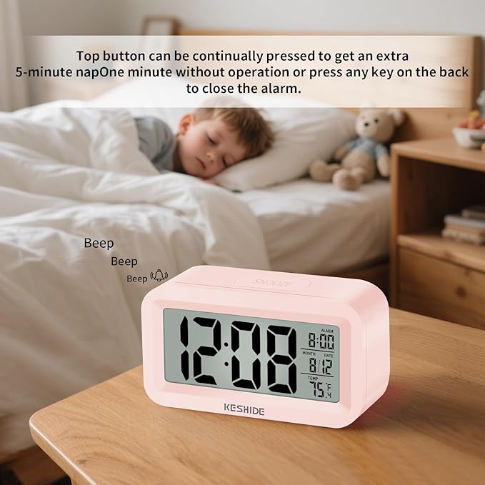 KESHIDE Travel Digital Alarm Clock Battery Operated with Indoor Temperature, Desk Small Clock,Snooze Model,12/24H Display for Bedrooms Heavy Sleepers Kids Travel Bathroom