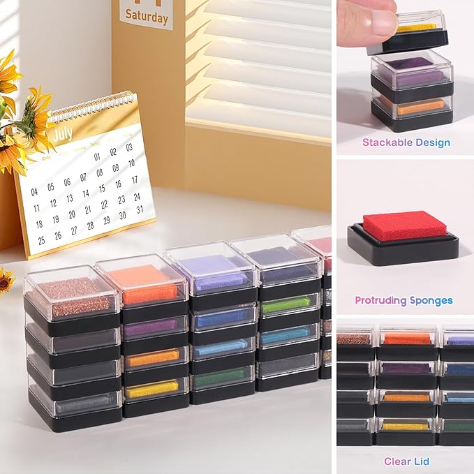 CraftyManor Mini 24 Color Pigment Ink Pads Set for Stamps, Fingerprint Ink Pad, Stamp Pad for Scrapbook Paper & Stamps for Classroom & Clothing Stamp & Letter Stamps, Archival