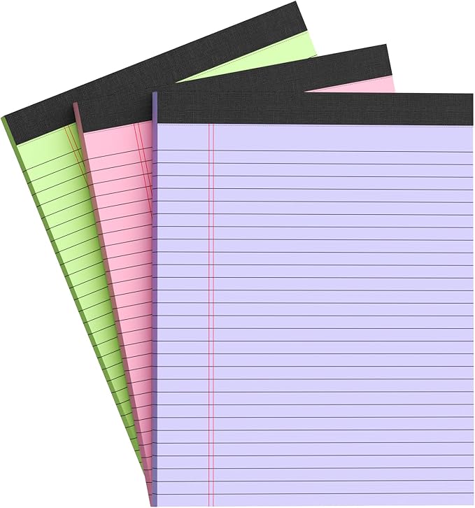 AILZFEI Colored Legal Pads 8.5 x 11 Note Pads 8.5 x 11 inch, Wide Ruled Clear Print Writing Pads 30 Sheets/Pad, 80gsm Colored Paper, Perforated Notepad with Sturdy Back (3 Pads)