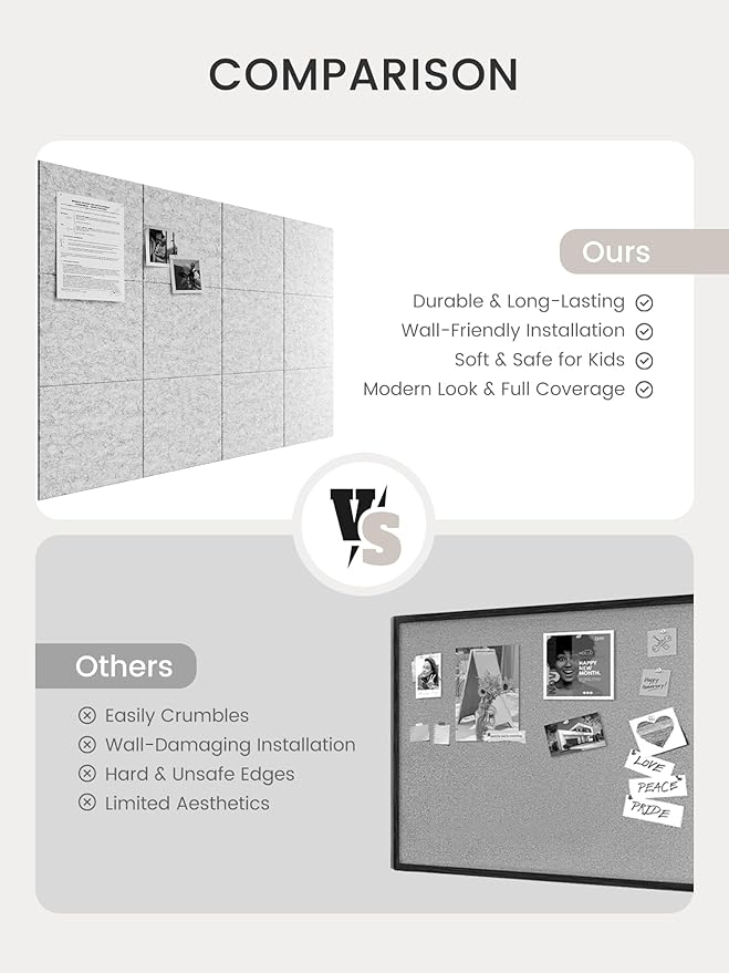 Bumusty Large Cork Board 47"x35" Alternative - 12 Pack Felt Wall Tiles with 70 Safe Removable Adhesive Tabs, 30 Pushpins, Cork Boards for Walls Pin Board Bulletin Board Office Decor (Marble Gray)