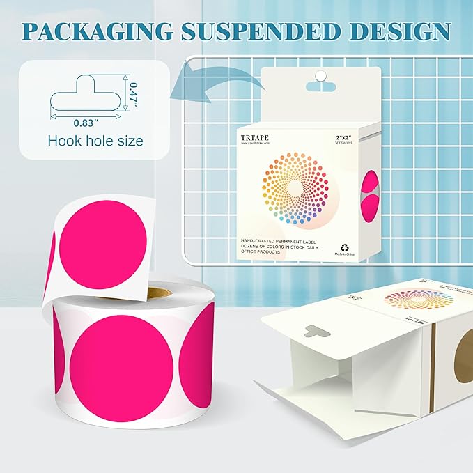 2 Inch Round Color Coding Labels (500 Count) - Fluorescent Pink Dot Stickers Circle Labels with Dispenser Box for Warehouse, Filing, Industrial, Office Organization