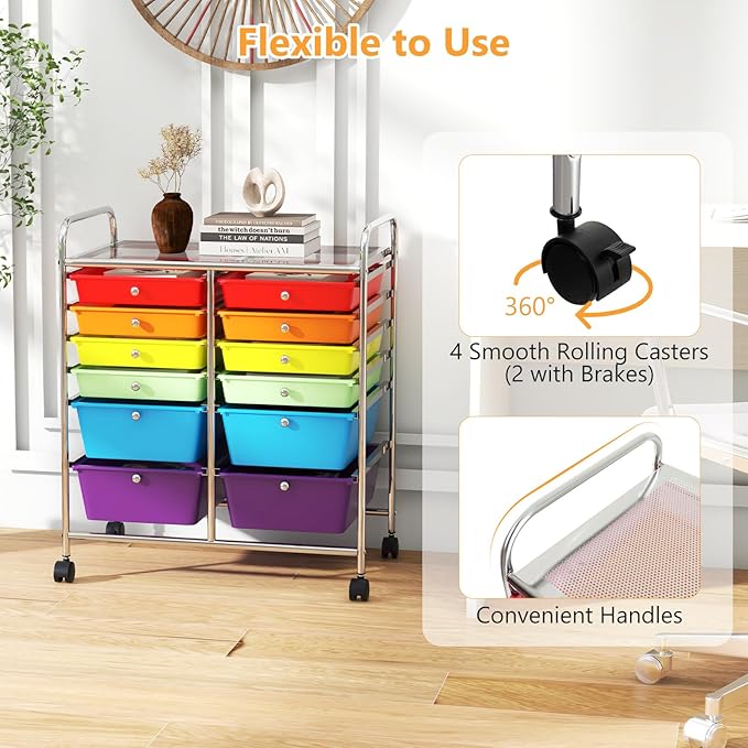 HAPPYGRILL 12-Drawer Rolling Storage Cart, Multipurpose Organizer Cart for Home Office School, Utility Cart with Wheels, (Colorful)