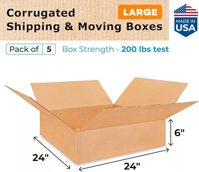 Large Shipping & Moving Boxes 24 x 24 x 6 inches (5-Pack) - Extra Strength 200 lb vs Regular - Corrugated Packing Boxes, Made in USA - Packing Box by IDL Packaging