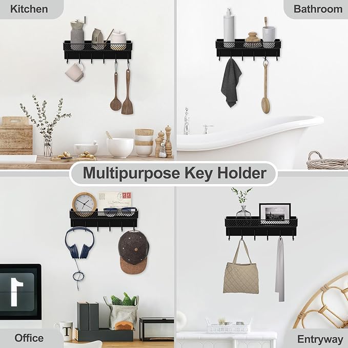 Lwenki Key Holder for Wall – Decorative Stainless Steel Key Hanger with 6 Hooks for Hats, Bags, Leashes – Mail Holder Key Rack with Mounting Hardware and Guide (9.65” x 2.8” x 2.2”) (Black)