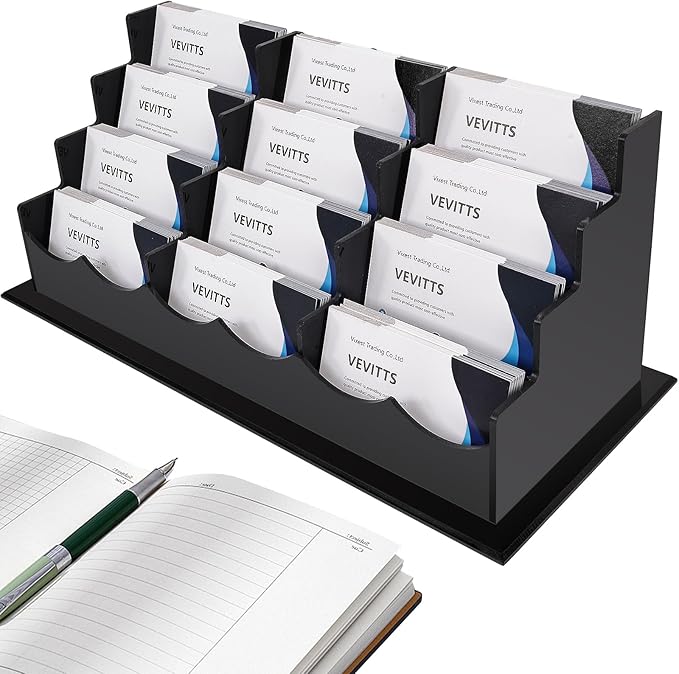 Vevitts Business Card Holder, Acrylic Business Card Display, Clear Desktop Business Card Stand for Exhibition, Home & Office Black 4 Tiers 12 Slots