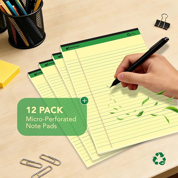 KAISA Yellow Legal Pads 12Pads Writing Pads Recycled Paper 5"x8" Norrow Ruled Lined Paper Small Legal pad Perforated 50 sheets/pad Notepads Writing Tablet Canary For Office Supplies (Canary 12pads)