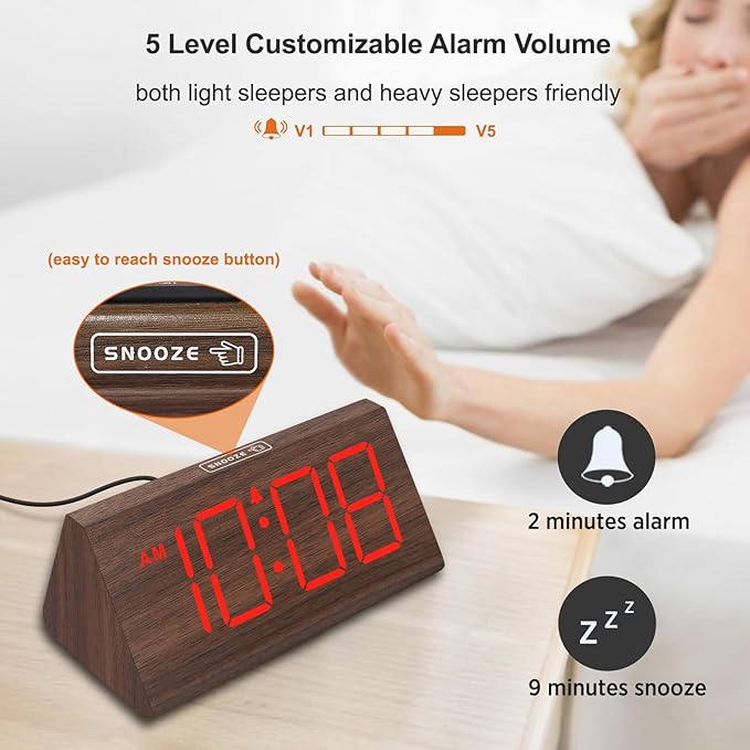 DreamSky Wooden Digital Alarm Clocks for Bedrooms - Electric Desk Clock with Large Numbers, USB Port, Loud Alarm for Heavy Sleepers, Adjustable Volume, Dimmer, Snooze, DST, Wood Décor, Adapter Powered