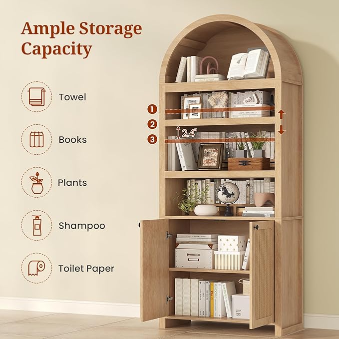 81" Tall Arched Cabinets,Bookcase with storage,Mid-Century Modern 6-Tier Bookshelf with Door,2 Book Risers and Adjustable Shelves offering more storage space for Living Room,Kitchen,Home Office,Oak
