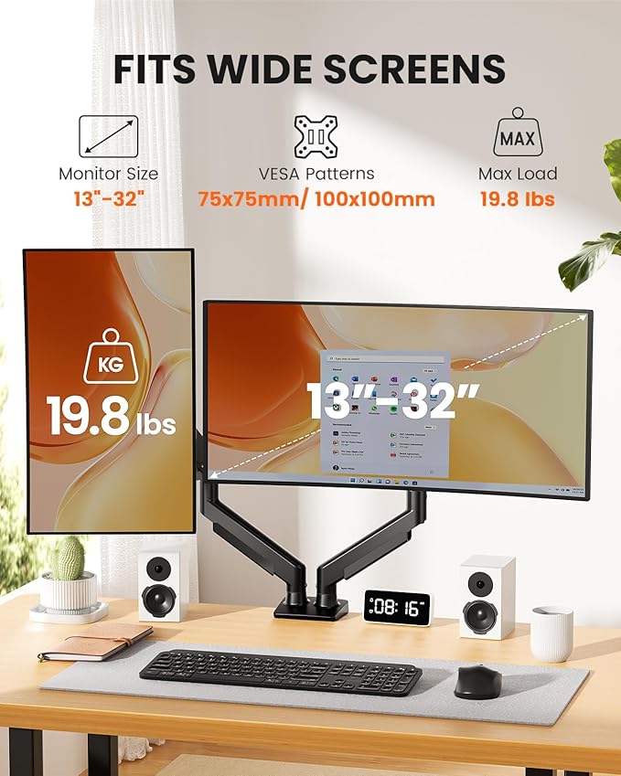 ErGear Dual Monitor Arm, Full Adjustable Monitor Mount for 13–32″ Screens, Fast Install Computer Monitor Stand with Tool-Free VESA Mount, Max Load 19.8 lbs, Max VESA 100x100mm
