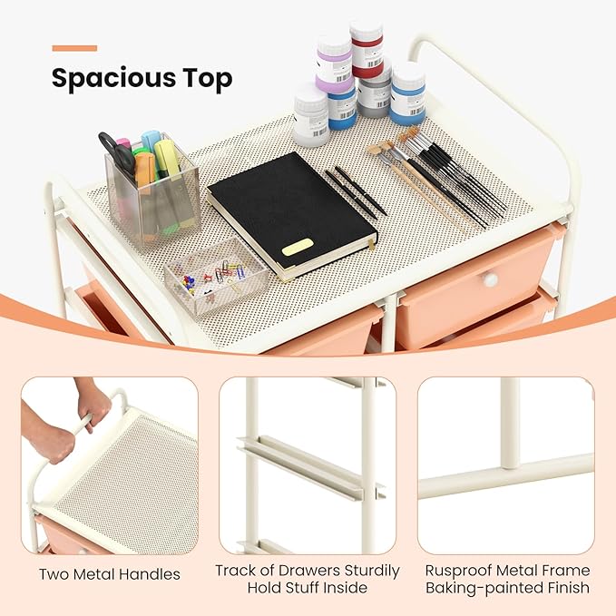 GLACER 10 Drawer Rolling Cart, Storage Cart with Lockable Whieels & Metal Frame, Trolley for Art Craft Oganizer, Mobile Utility Cart for Office, School, Classroom, Kitchen (Peach Fuzz)