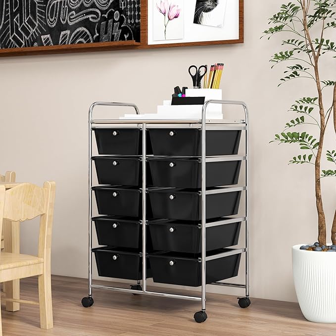 GOFLAME 10-Drawer Rolling Storage Cart, Art Craft Storage Organizer on Wheels, Multipurpose Movable Utility Cart for School, Office and Home, Black