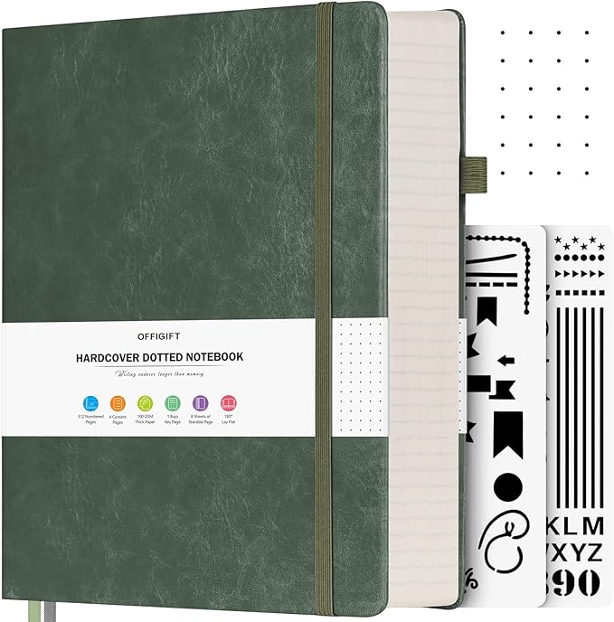 OFFIGIFT Bullet Dotted Journal, Large A4 Hardcover Leather Journal, 312 Numbered Pages Thick Journal, 100gsm No Bleed Paper Dot Grid Notebook for Women Men, 8.5'' × 11'', Green