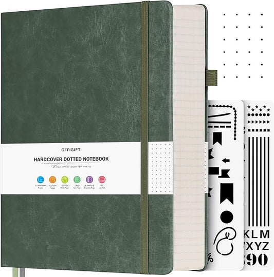 OFFIGIFT Bullet Dotted Journal, Large A4 Hardcover Leather Journal, 312 Numbered Pages Thick Journal, 100gsm No Bleed Paper Dot Grid Notebook for Women Men, 8.5'' × 11'', Green