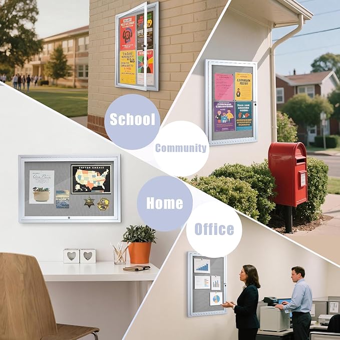Homezelle Enclosed Bulletin Board 36"x24" Outdoor Weatherproof Cork Noticeboard with Locking Door Wall-Mounted Gray Fabric Silver Aluminium Frame for Home, School, Office, Community, Hospital