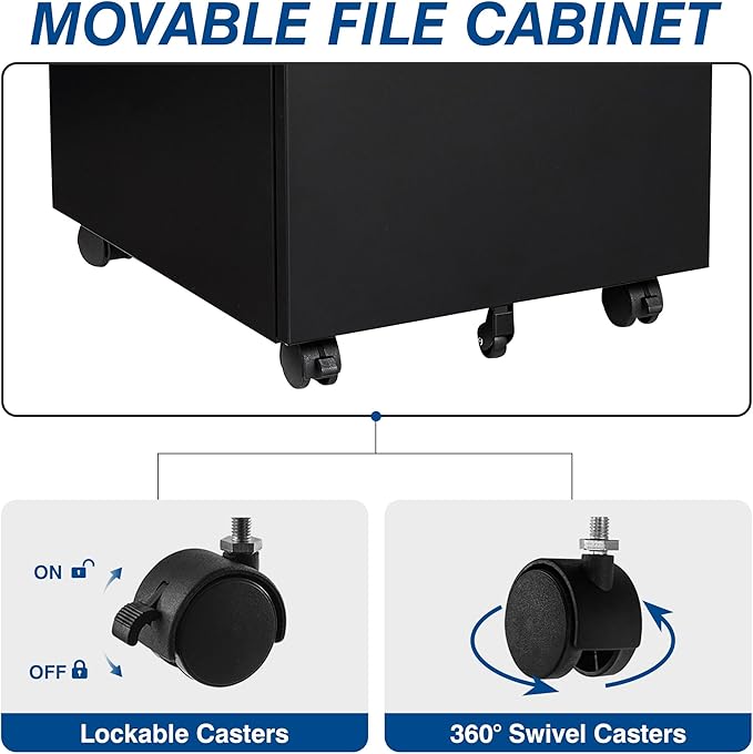 Fesbos 3 Drawer Mobile Metal File Cabinet, Black Filling Cabinets with Lock, Pre-Built Office Storage File Cabinet with Wheels Under Desk - Assembled Required