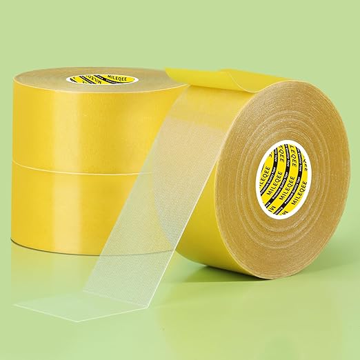 MILEQEE 3Pack Double Sided Tape Heavy Duty, 2in x 66FT (198FT Total), Super Sticky Resistente Clear Tape, Universal High Tack Strong Wall Adhesive with Fiberglass Mesh,Easy Use Mounting Tape