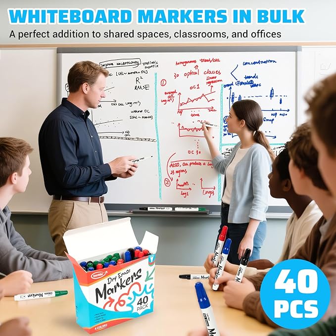 ANYUKE Low Odor Dry Erase Markers, Chisel Tip Whiteboard Markers Non-Toxic, 40 Count 4 Colors Dry Erase Pens, White Board Markers Dry Erase for Classroom Must Haves, Teacher & Office Supplies