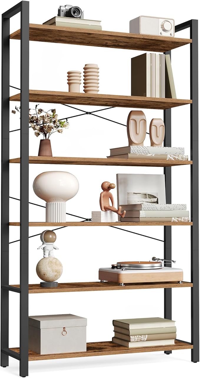 VASAGLE 6-Tier Bookshelf, Bookcase with Steel Frame, Book Shelf for Living Room, Home Office, Study, 11.8 x 31.5 x 73.2 Inches, Industrial Style, Rustic Brown and Ink Black ULLS082B01