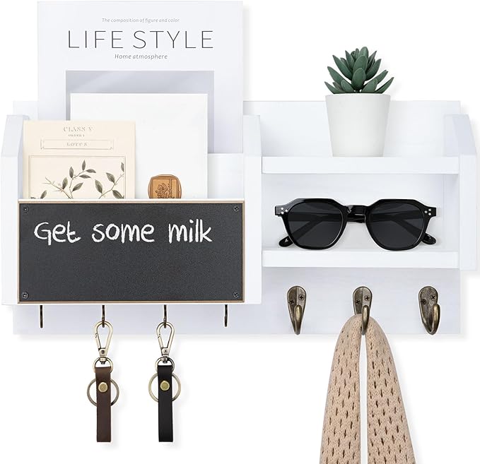 Lwenki Mail and Key Holder – Wall Mount Key Hanger with Shelf and 7 Metal Hooks – Decorative Natural Paulownia Wood Entryway Organizer with Mounting Hardware (16.5”W x 8.7”H x 3.5”D) (White)