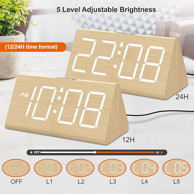 DreamSky Wooden Digital Alarm Clocks for Bedrooms - Electric Desk Clock with Large Numbers, USB Port, Loud Alarm for Heavy Sleepers, Adjustable Volume, Dimmer, Snooze, DST, Wood Décor, Adapter Powered