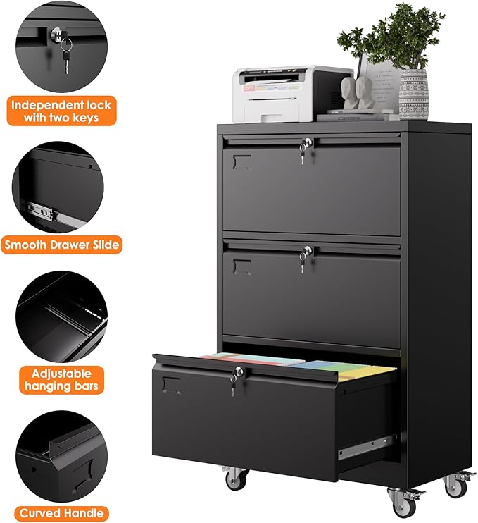 METAN Upgrade 3 Drawers Lateral File Cabinet on Wheels,Steel Office Filing Storage Cabinet with 3 Locks,Assembly Required,Black