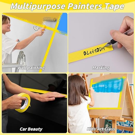 4 Rolls Yellow Painters Tape Bulk 4 inch x 60 Yards, Total 240 Yd, Painters Masking Tape No Residue Wall Painting Tape Artist Tape Trim Edge Finishing Tape for Wall Painting Decoration DIY Supplies