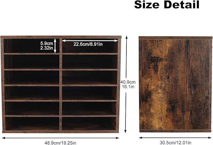 TQVAI Wood Literature Organizer, 12 Slots Hold 6000 Sheets A4 Papers, Wooden Desk Paper File Storage Organizer with Adjustable Shelves, Mailbox Cubbies for Office Home Classroom, Archaize
