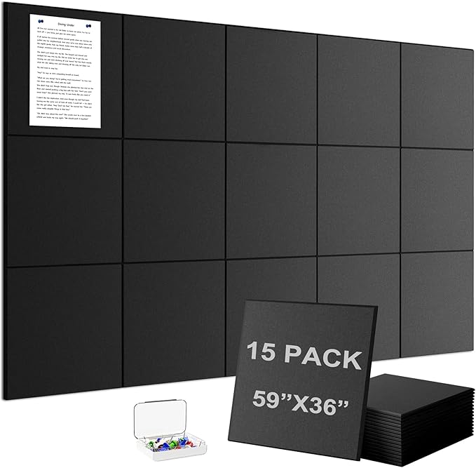 G Gamit Large Felt Wall Tiles Bulletin Board 59”x36”,Large Cork Board Alternative with 60 Pushpins,15 Pack Felt Pin Board with 112 Safe Removable Adhesive Tabs for Home Office School (Black)