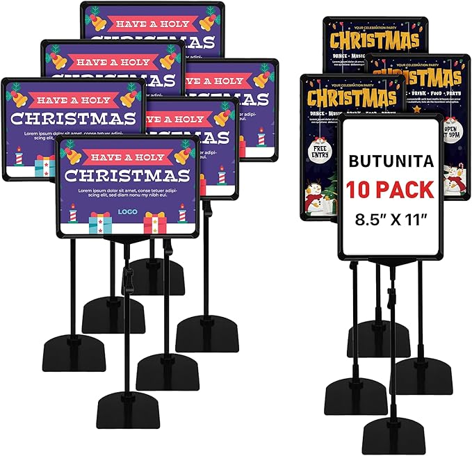 Sign Holder Stand, 8.5 x 11 Inch Sign Stand with Adjustable Height Snap Open, Reusable Sign Stands for Display Advertising Business Signage, Vertical and Horizontal Two View Modes (Black, 10 Pcs)