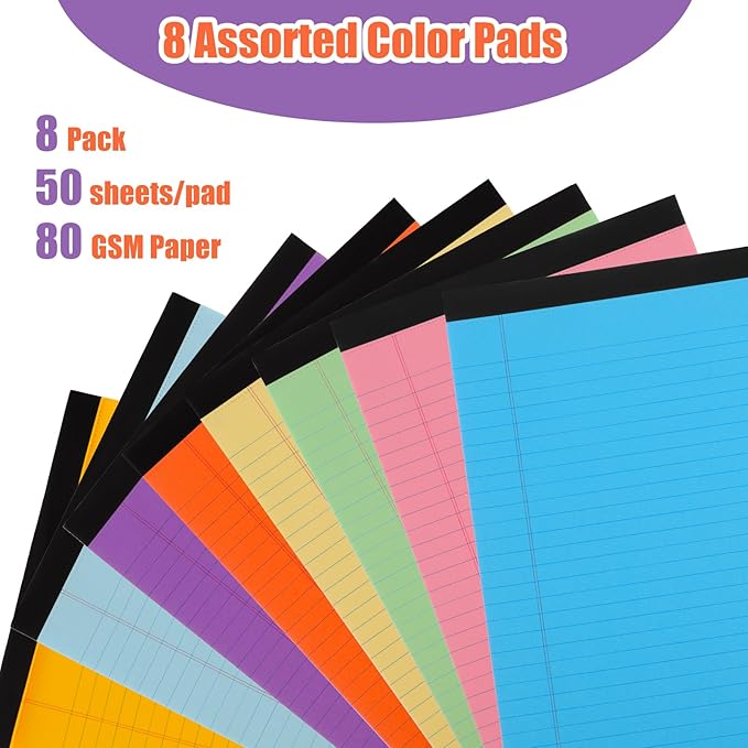 Thboxes 8 Pack Colored Legal Pads, Totally 400 Sheets Legal Pads 8 x 11.5inch College Ruled Writing Pads Wide Ruled Paper for Office, School, College, Professional