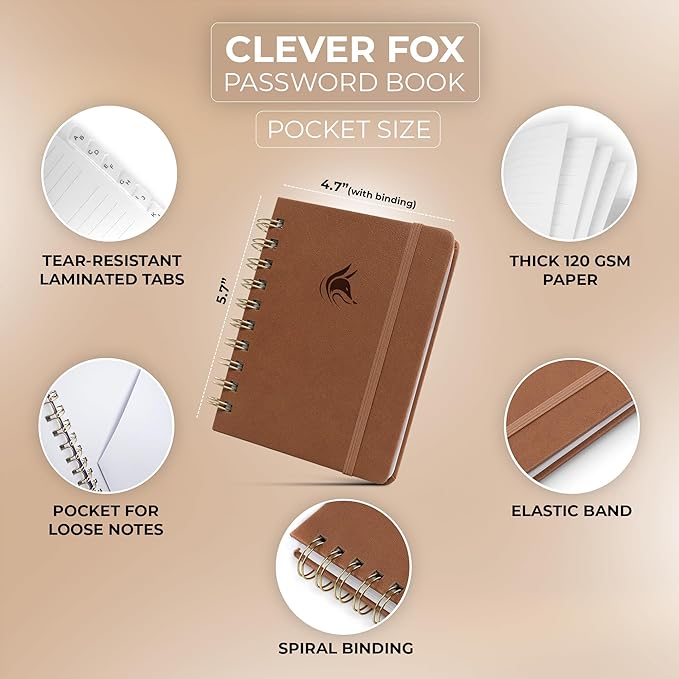 Clever Fox Password Book Spiral – Mini Internet Address & Password Organizer with Laminated Alphabetical Tabs – Small Password Keeper Journal – Hardcover, Pocket Size, 4.7x5.7” (Brown)