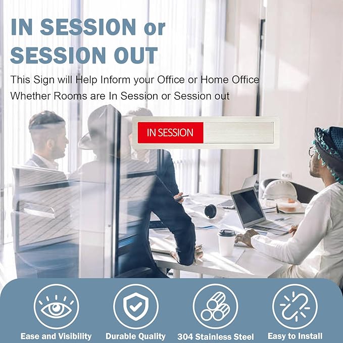 Conference Room Sign,In Session Session Out Privacy Sign for Office Conference Meeting Home,Meeting in Progress Slider,Meeting in Session Indicator Tells Whether Room Vacant or Occupied,7'' x 1.5'' - Stainless Steel,Silver