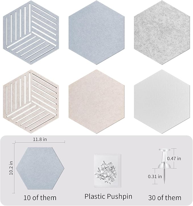 12'' Medium Hexagon Cork-Bulletin Board Tiles Adhesive 10PCS 12x10 inch Frameless Sticky Corkboard Hex Felt Pin Board for Office-Wall Decor, Removable Hexagonal Tack Pinboard with 30 Pushpins