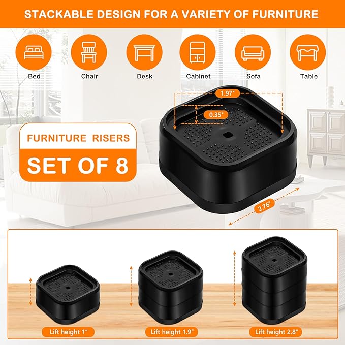 shouwuhho 8 Pack Furniture Risers Adjustable Bed Risers Heavy Duty Lifts Height 1", Square Stackable Bed Risers 1, 2 or 3 Inch for Desk Leg Table Couch Sofa Chair Bed Frame Legs Dorm, Black
