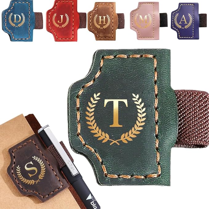 Personalized Mark Bookmark with Pen Holder, Leather Magnetic Book Marker 26 Letters,Custom Initials Page Marks, Gifts for Book Lovers Readers Men Women (Green, T)