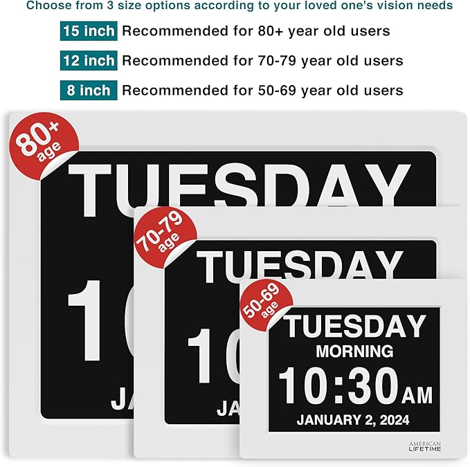 American Lifetime New 2026 Dementia Clock Large Digital Clock for Seniors, Digital Calendar Large Display, Custom Alarms, Clock with Day & Date for Elderly 18.5 Inches White