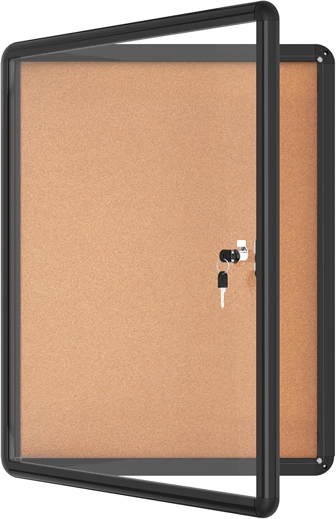 Mifuro 26"x20" Enclosed Bulletin Board, Lockable Weather-Resistant Aluminum Cork Noticeboard for School & Office, Black Frame w/Cork