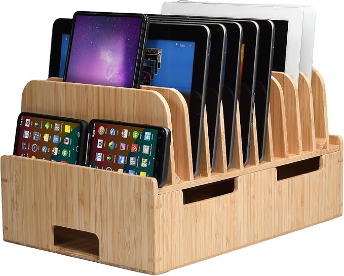 MobileVision Bamboo 12-Port Charging Station & Docking Organizer for Smartphones & Tablets, Family-Sized, for use in Corporate Offices & Classrooms (With 2 Bamboo Caddy Add Ons Included)