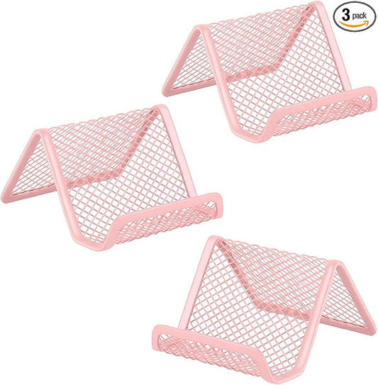 EMOMAS Business Card Holder for Desk, Office Desktop Business Card Display Holder, Mesh Business Card Holder, Desk Accessories for Women and Men, Pink(3 Pack)